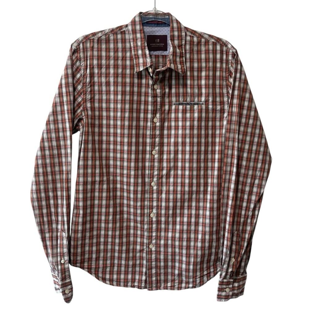 Scotch & Soda Long Sleeve Collared Button Up Plaid Shirt Red Multi Size Medium